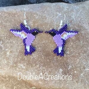 Purple Hummingbirds Beaded Earrings, New, Handmade by Me